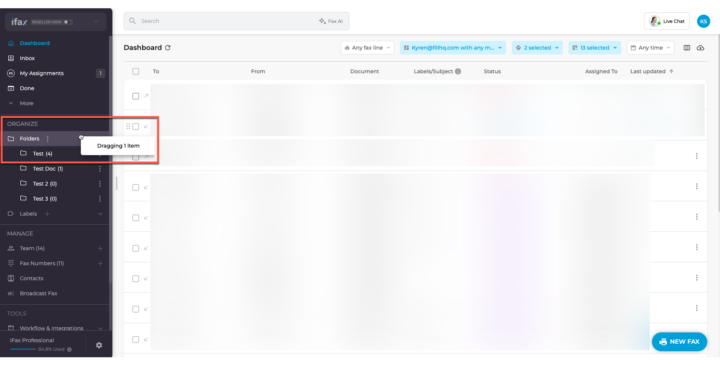 2 - Drag the fax to the left navigation bar and drop it into the 'Folders' section.