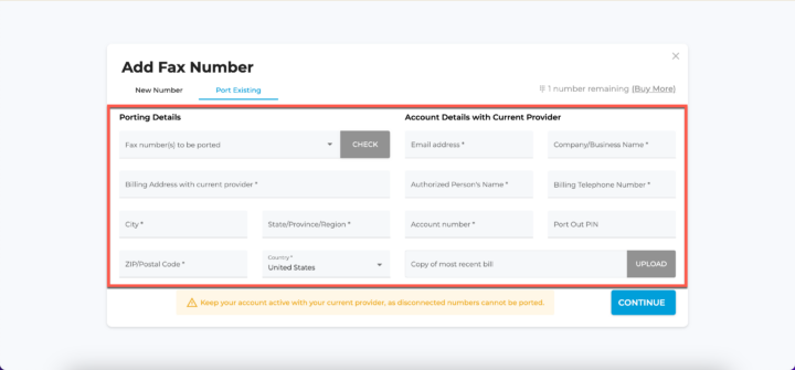 Porting fax number