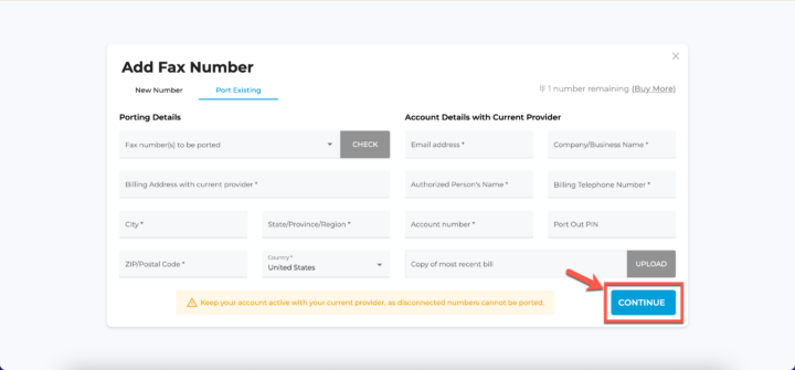 Porting fax number