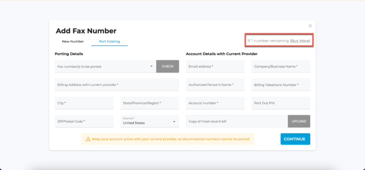 Porting fax number