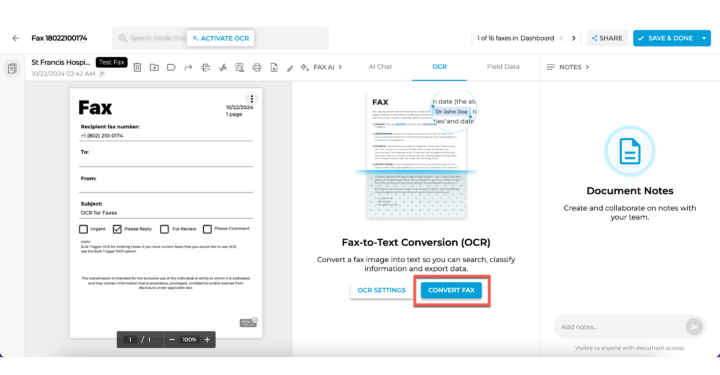 How to use OCR manually in a specific fax