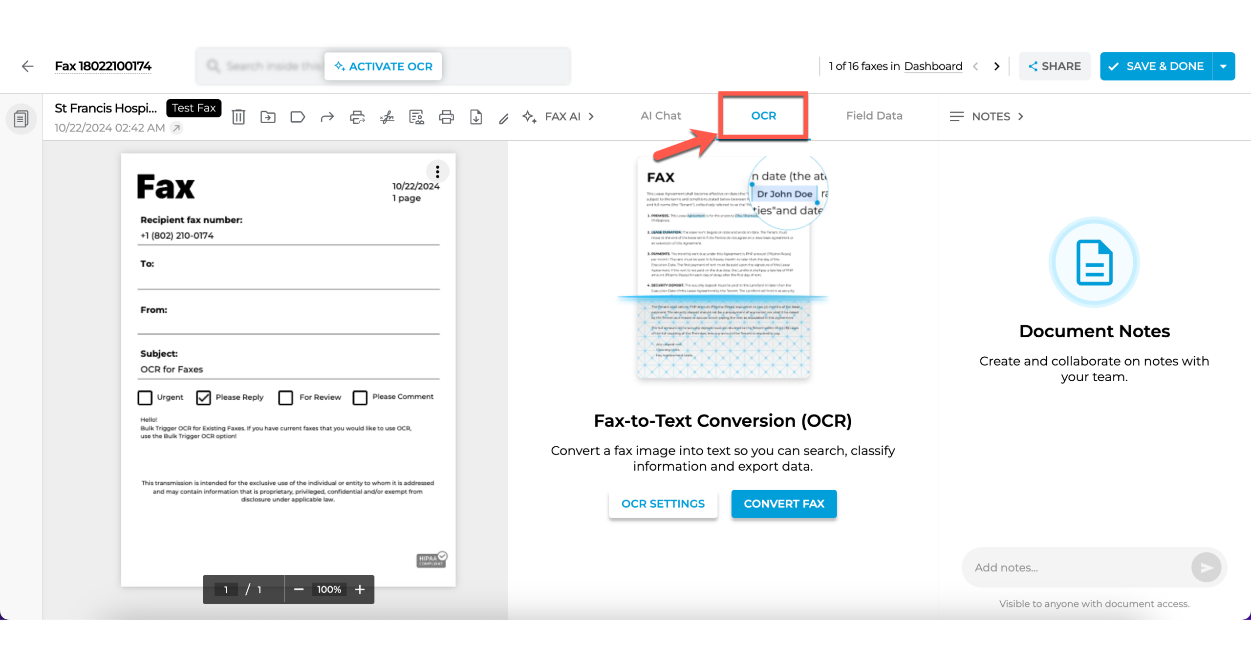 How to use OCR manually in a specific fax