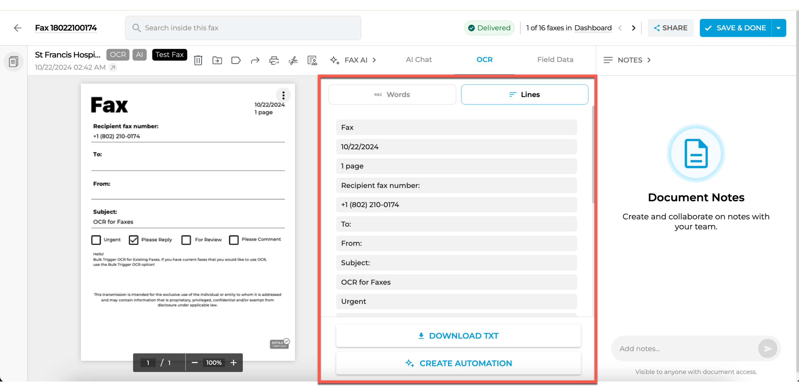 How to use OCR manually in a specific fax