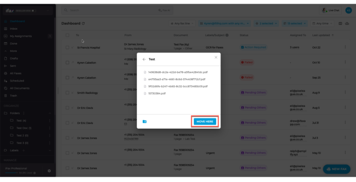 4 - Release the fax into the folder, and it will open a prompt to move the fax to that folder. Click Move Here.