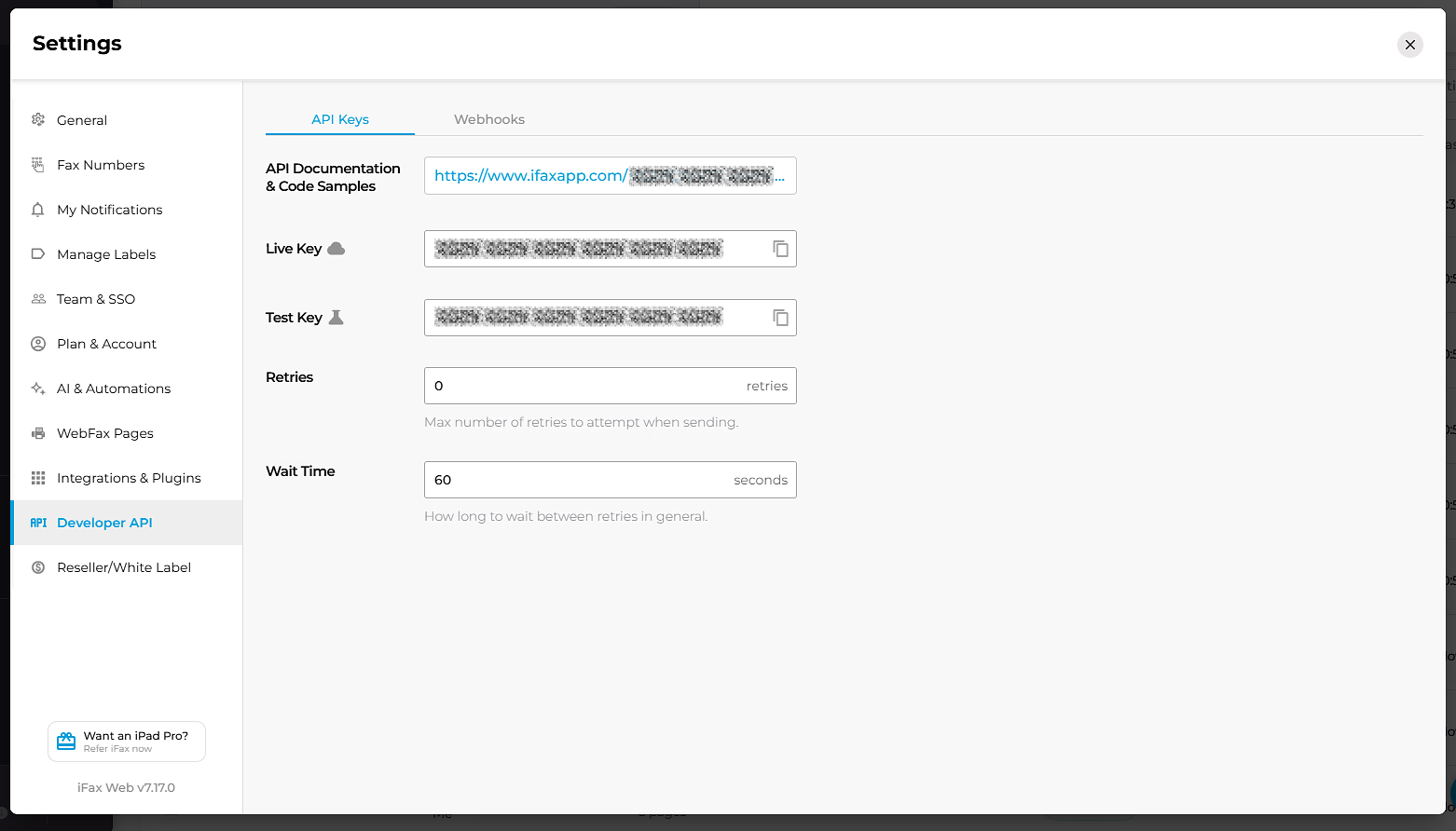 separate tabs for API and Webhooks iFax Web 7.17